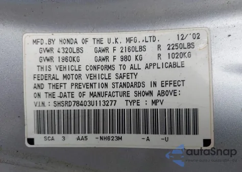 2003 Honda Cr-V Lx из США, поврежденный, VIN SHSRD78403U113277